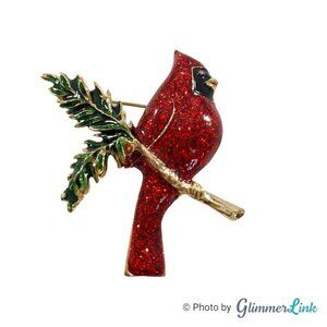 Beautiful Red Glitter Enamel Cardinal Bird Gold Tone Brooch Pin